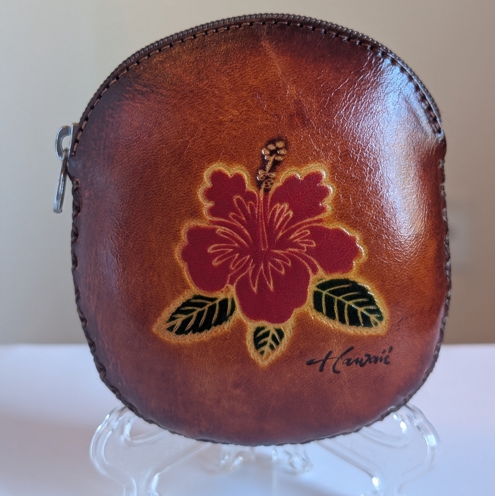 Brown Leather Coin Purse with Hibiscus Design